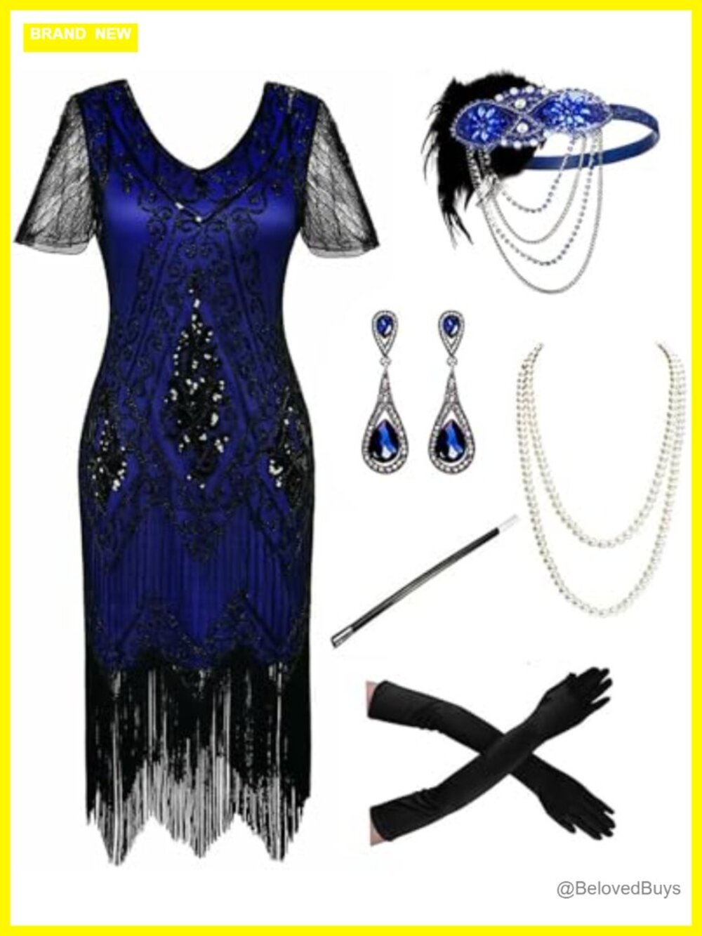 1920s Flapper Sequin Beaded Fringe Cocktail Prom Dress with Accessories